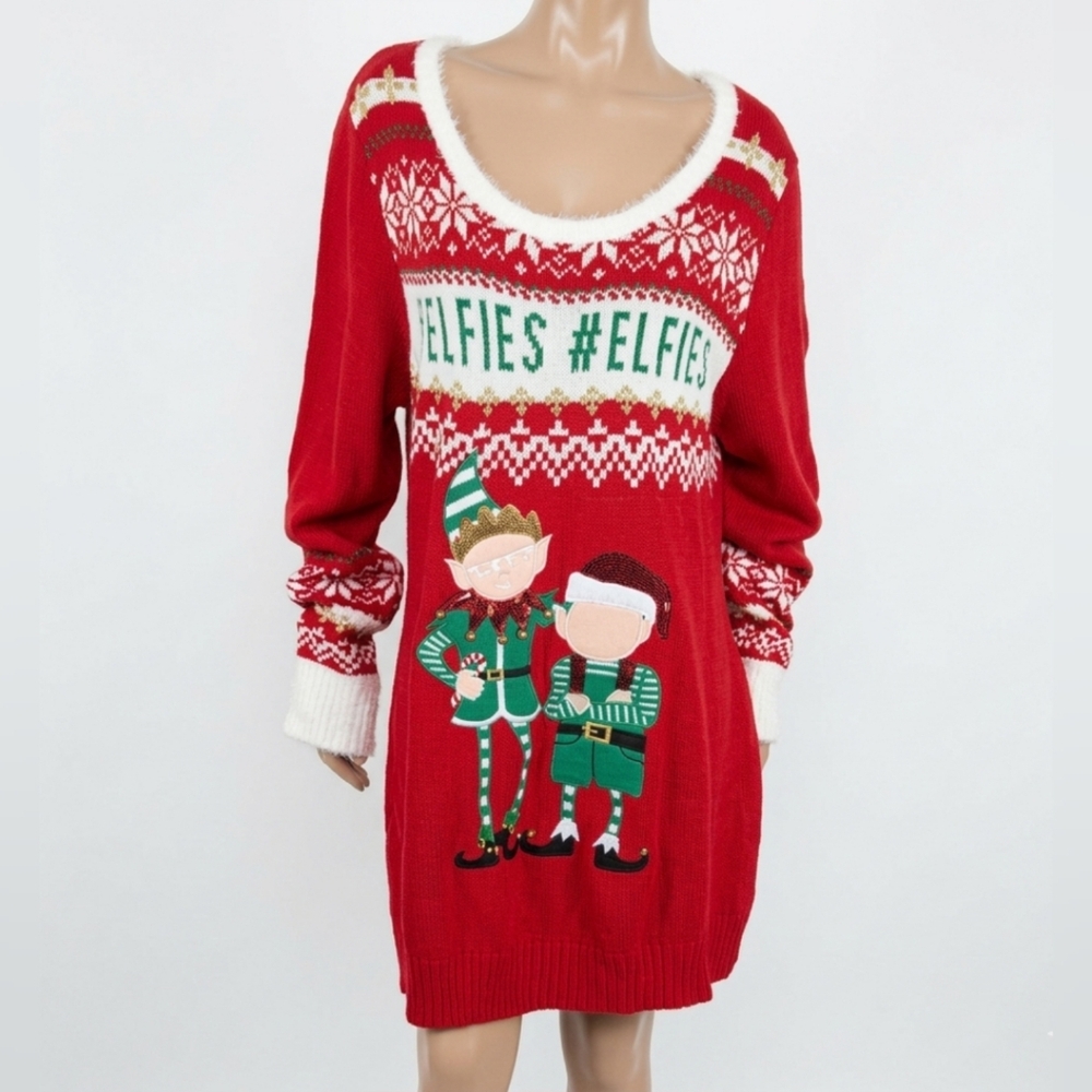 Merry & Bright #ELFIES Red Ugly Christmas Sweater Dress Plus Red Plus Size 2X